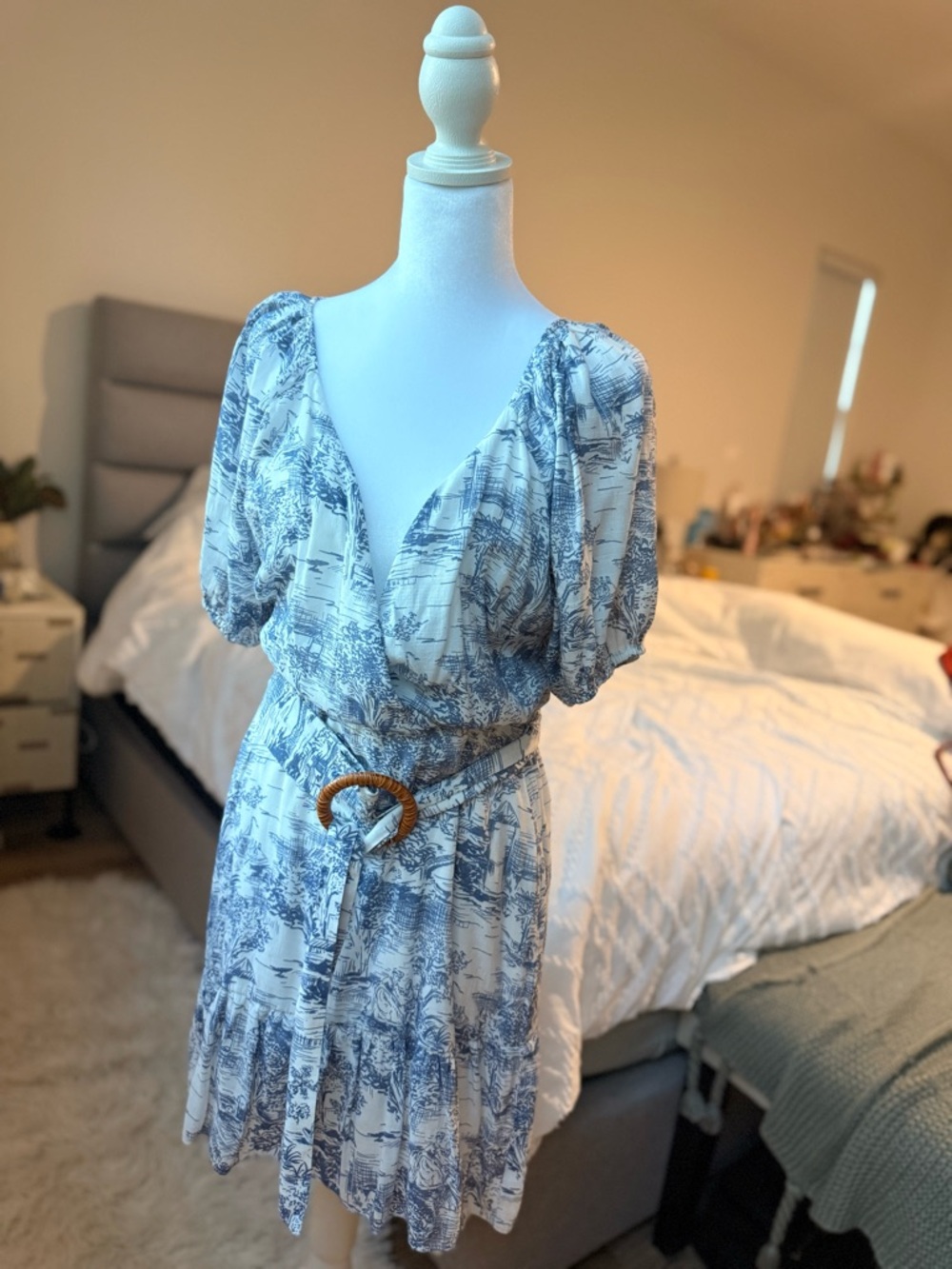 Blue and White Printed Puff-Sleeve Mini Dress